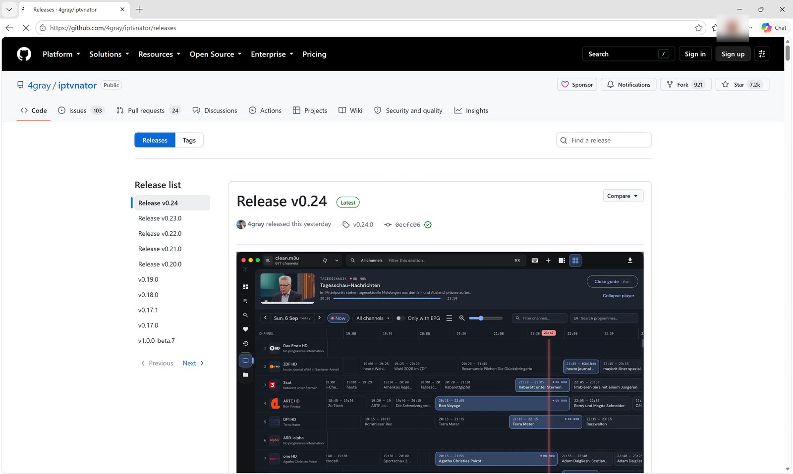IPTVnator release page on GitHub