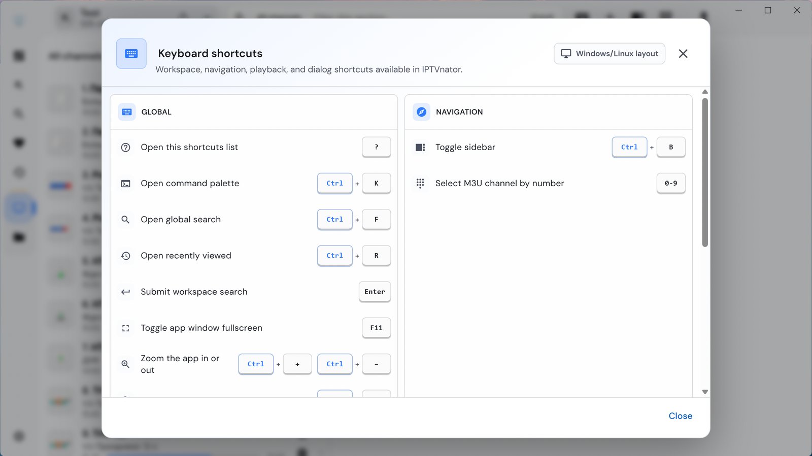 Keyboard shortcuts list
